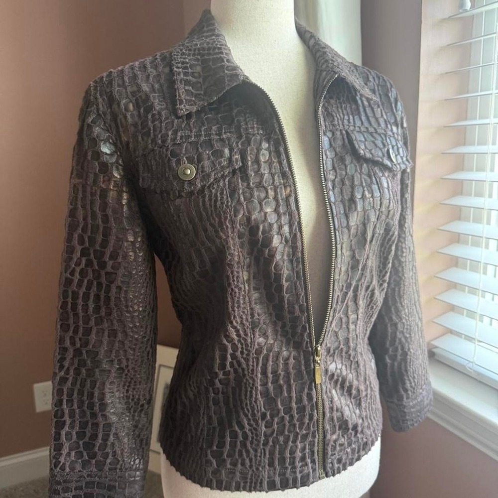 Ruby Road Women's Brown Textured Faux Snakeskin Zip-Up Jacket y2k 90s basic